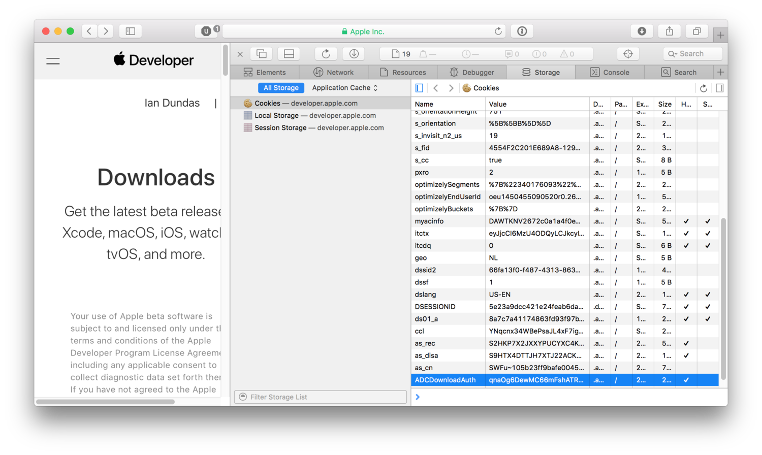 Safari's Cookie Inspector (Develop -> Show Page Resources -> Storage)